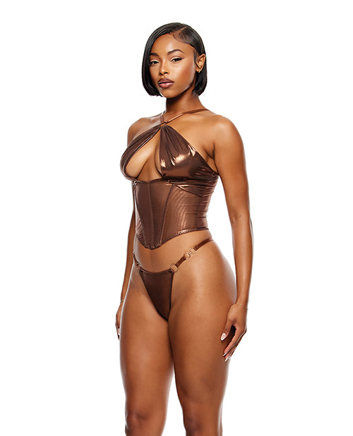 image of product,Liquid Metal Metallic Mesh Bustier w/G-String 2 pc Set - Metallic Copper - SEXYEONE