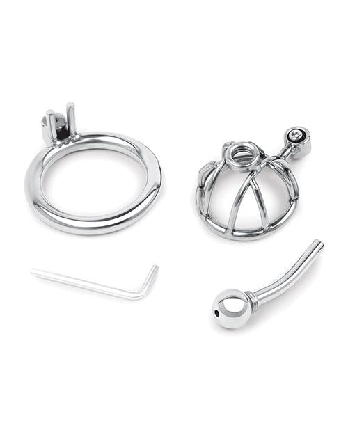 image of product,Lockmaster Stainless Steel Inverted Micro Chastity Cage w/Urethral Straw - Silver - SEXYEONE