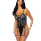 Lola Unlined Underwire Embroidered Teddy w/Attached Garter Stays - Black - SEXYEONE