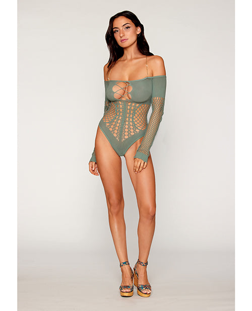 product image, Long Sleeve Opaque and Fishnet Seamless Teddy w/Removable Halter Chain - Sage Green O/S - SEXYEONE