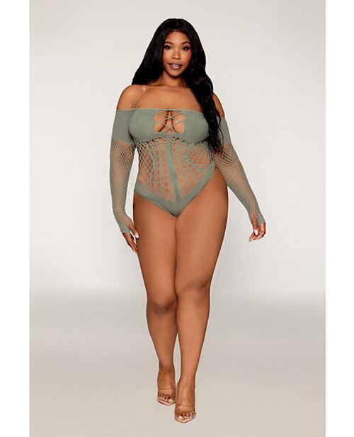 product image, Long Sleeve Opaque and Fishnet Seamless Teddy w/Removable Halter Chain - Sage Green QN - SEXYEONE