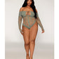 Long Sleeve Opaque and Fishnet Seamless Teddy w/Removable Halter Chain - Sage Green QN - SEXYEONE