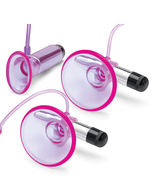 image of product,Lux Fetish Vibrating Nipple Suckers w/Clitoral Pump & Quick Release - Pink/Purple - SEXYEONE