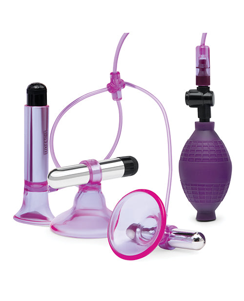 image of product,Lux Fetish Vibrating Nipple Suckers w/Clitoral Pump & Quick Release - Pink/Purple - SEXYEONE