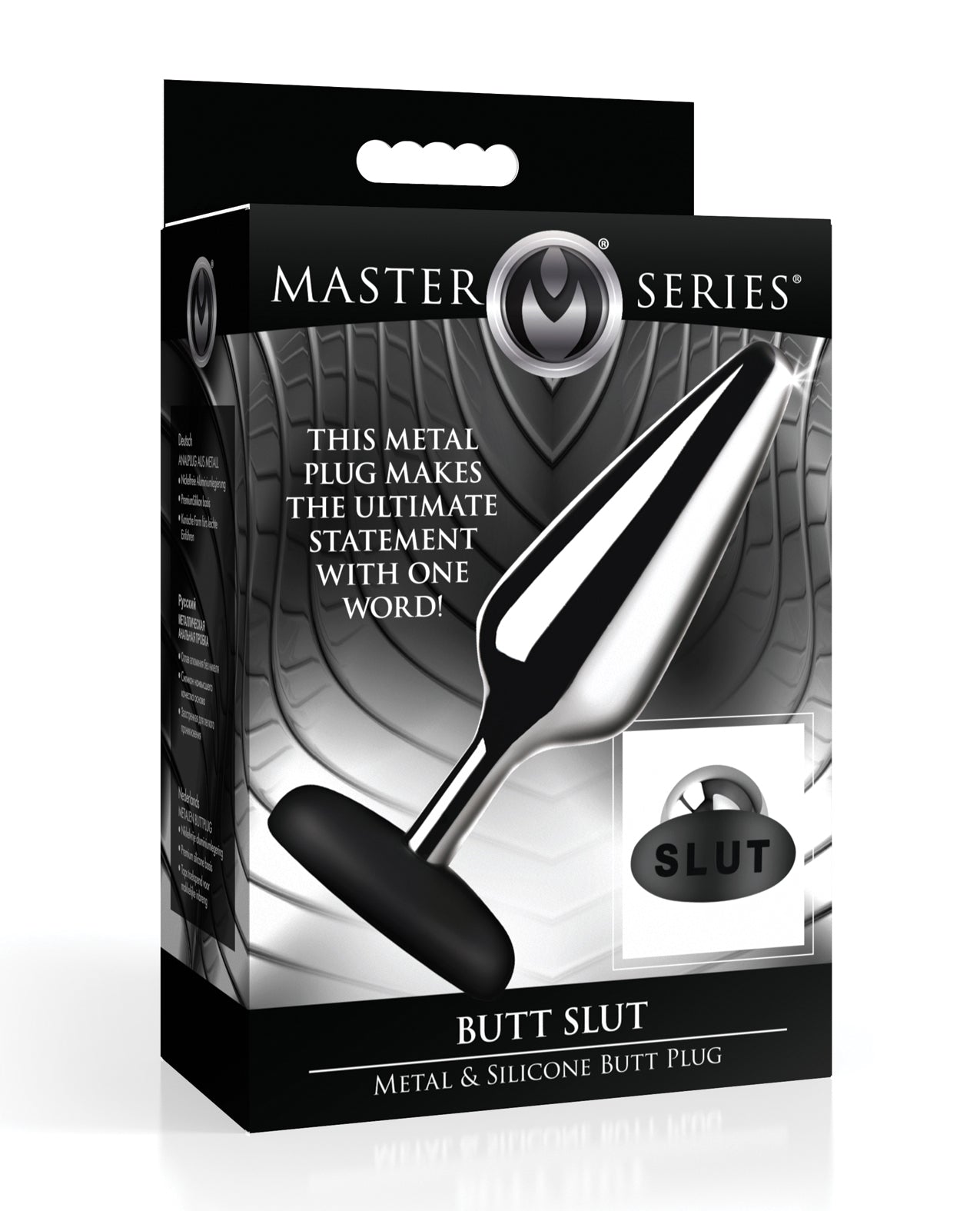 product image, Master Series Butt Slut Metal & Silicone Butt Plug - Metal/Black - SEXYEONE