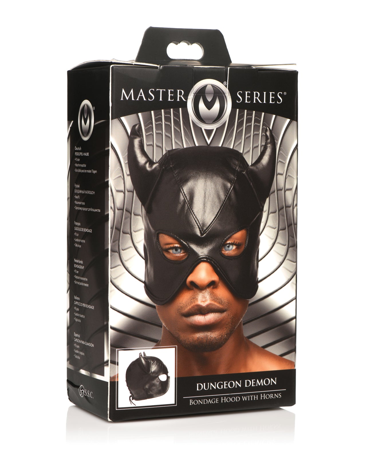 image of product,Master Series Dungeon Demon Bondage Hood w/Horns - Black - SEXYEONE