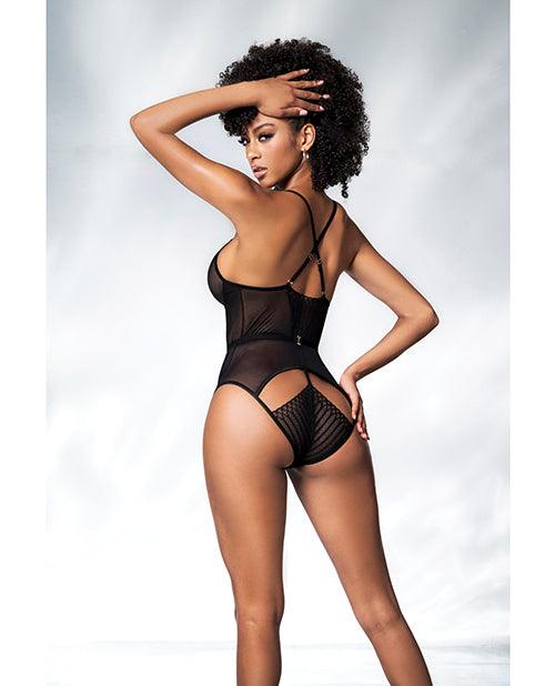 image of product,Mesh Cut Out Strappy Bodysuit Black - SEXYEONE