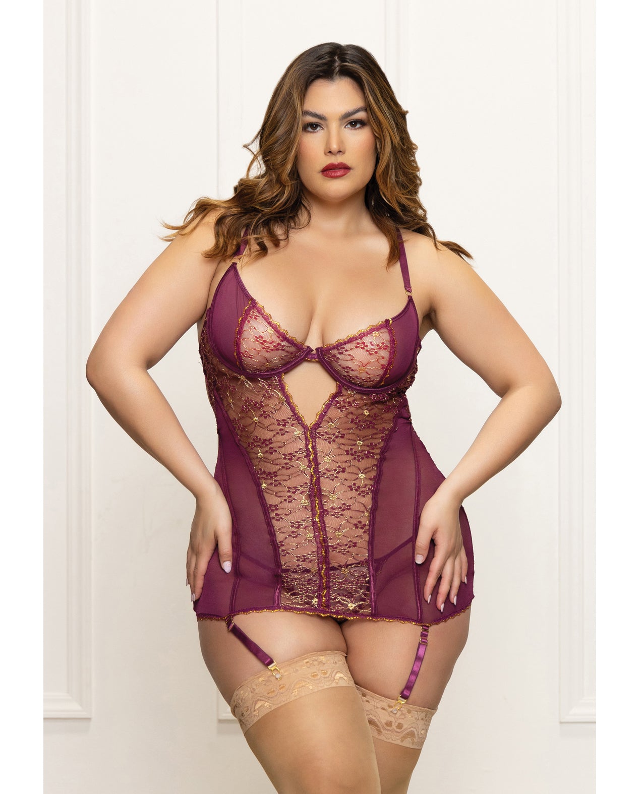 product image, Metallic Lace with Mesh Gartered Chemise & Thong - Plum 1X/2X - SEXYEONE