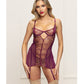 Metallic Lace with Mesh Gartered Chemise & Thong - Plum - SEXYEONE