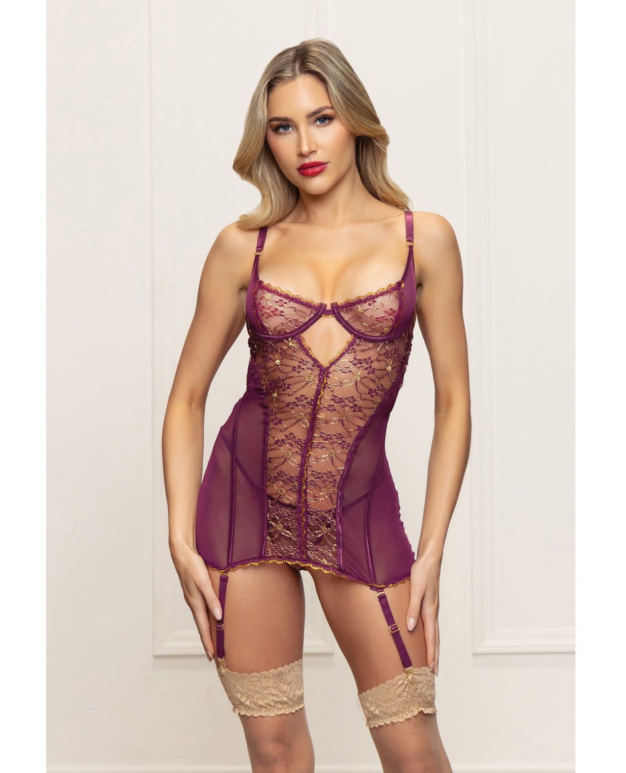 Metallic Lace with Mesh Gartered Chemise & Thong - Plum - SEXYEONE