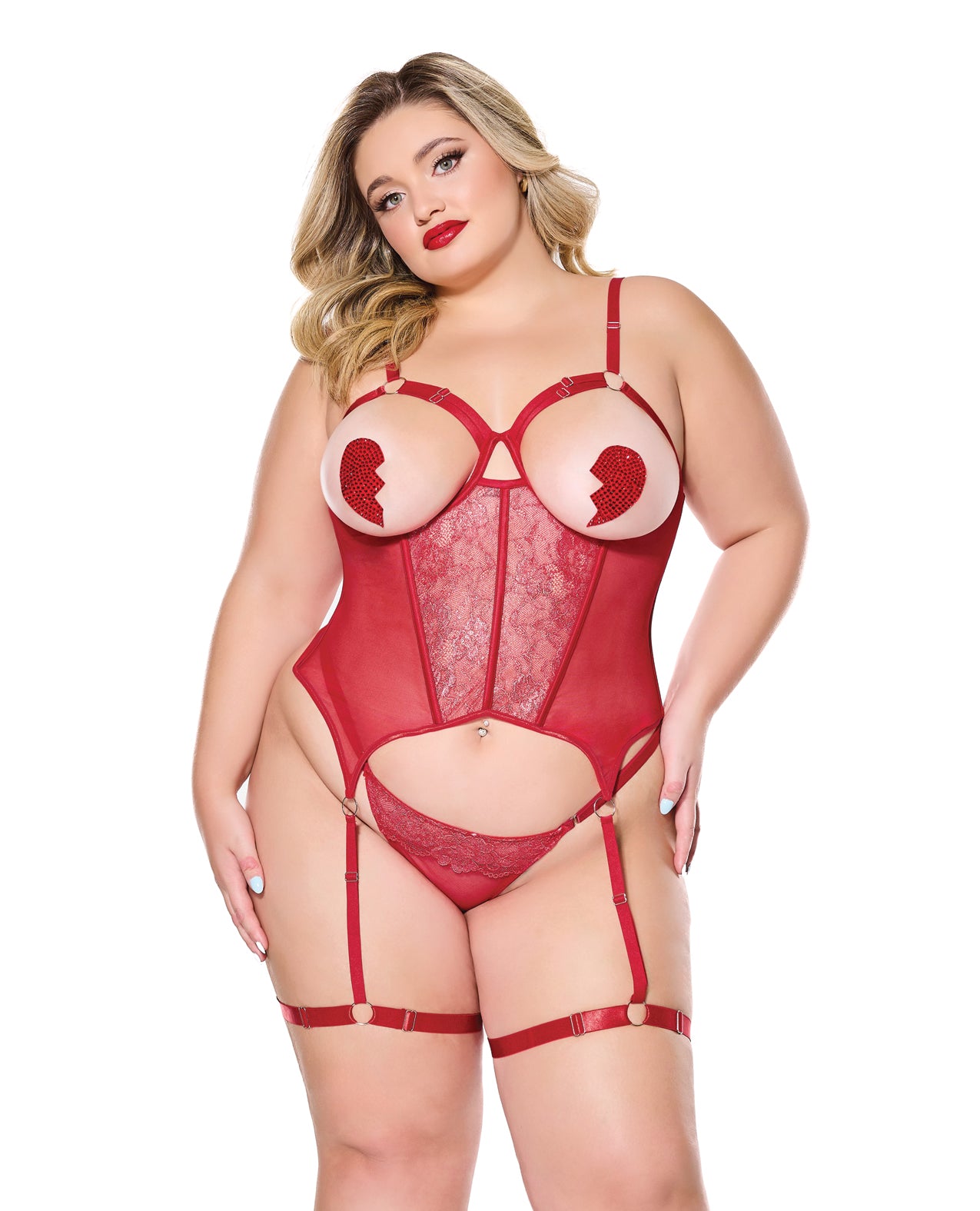 product image, Metallic Stretch Scallop Lace and Mesh Bustier w/Thong - Red 1X/2X - SEXYEONE