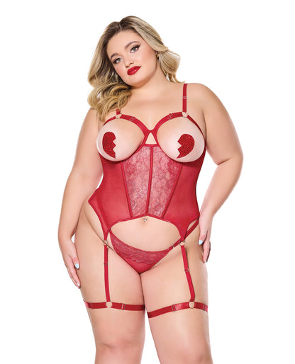 Metallic Stretch Scallop Lace and Mesh Bustier w/Thong - Red 1X/2X - SEXYEONE