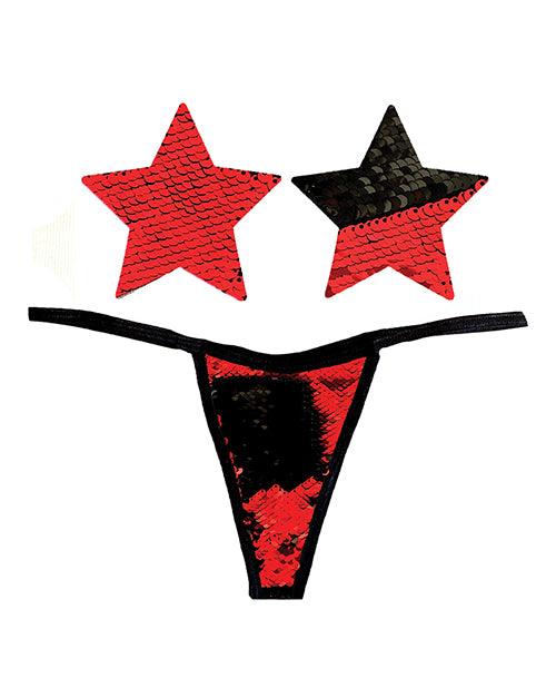 product image,Neva Nude Naughty Knix Sookie Flip Sequin G-string & Pasties - Red/black O/s - SEXYEONE
