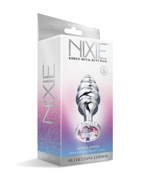 image of product,Nixie Honey Dipper Ribbed Metal Rainbow Jeweled Butt Plug - SEXYEONE