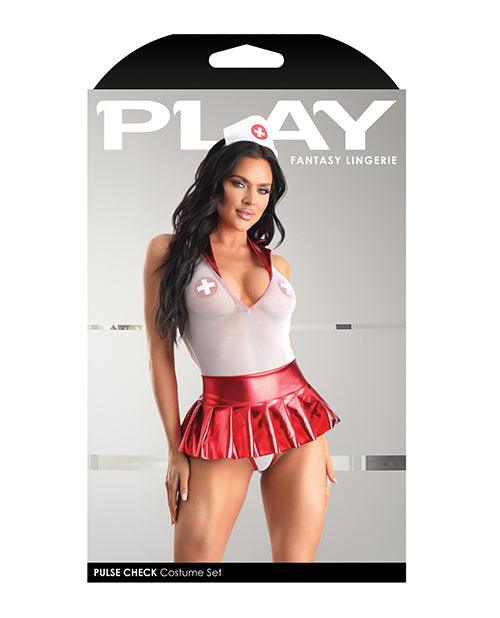 image of product,Play Pulse Check Collared Teddy W/open Back, Pleated Skirt, Medic Hat & Pasties Red/white - SEXYEONE