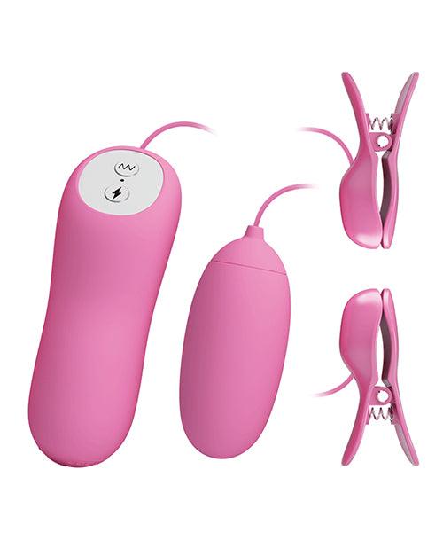 image of product,Pretty Love Electric Shock Vibro Nipple Clamps & Bullet - Pink - SEXYEONE