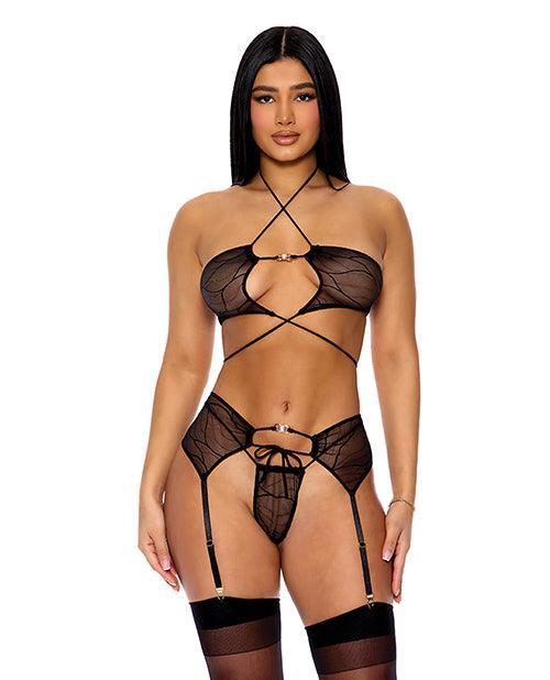 product image, Pull My Strings Mesh Halterneck Bra w/Garter & Panty - Black - SEXYEONE