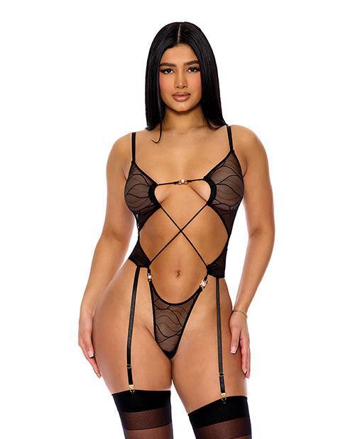 product image, Pull My Strings Sheer Mesh Teddy w/Garters & Faux Pearl Details - Black - SEXYEONE