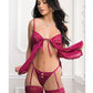 Ruffled Lace and Mesh Babydoll w/Thong, Garters & Stockings - Raspberry O/S - SEXYEONE