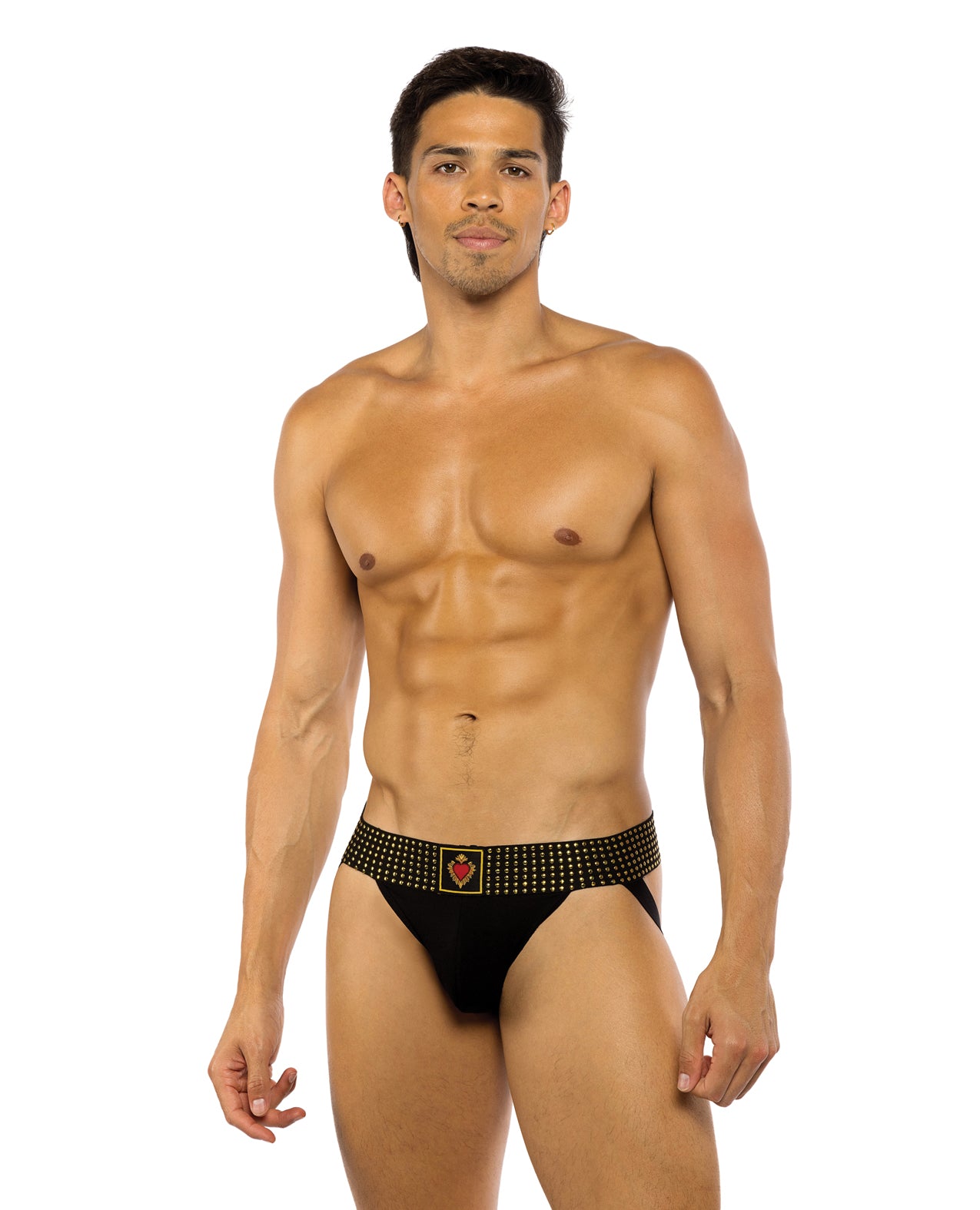 product image, Sacred Heart Jockstrap w/Contoured Pouch & Studded Elastic Waist - Black - SEXYEONE