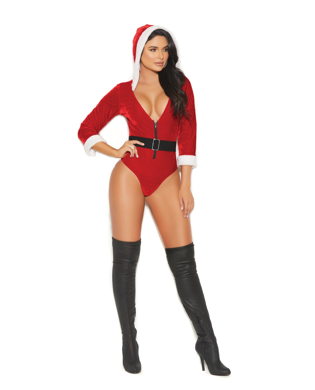 product image, Santa's Tease Deep V Velvet Teddy w/Detachable Elastic Belt - Red/White - SEXYEONE