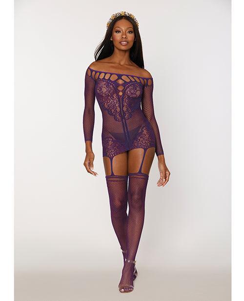 product image, Scalloped Lace and Fishnet Garter Dress w/Attached Stockings - Purple O/S - SEXYEONE