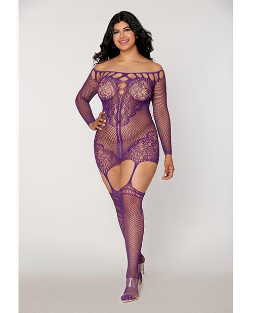 product image, Scalloped Lace and Fishnet Garter Dress w/Attached Stockings - Purple QN - SEXYEONE