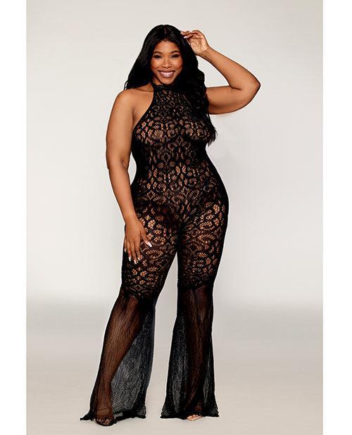 product image, Seamless Crochet Lace Bodystocking w/Fishnet Bellbottoms - Black QN - SEXYEONE