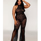 Seamless Crochet Lace Bodystocking w/Fishnet Bellbottoms - Black QN - SEXYEONE