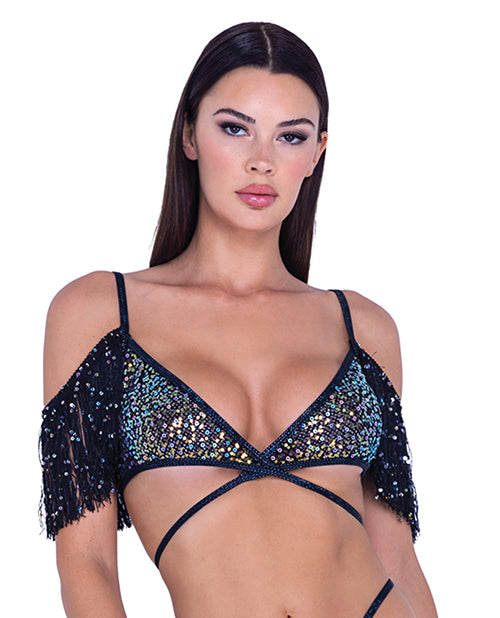 product image, Sequin Fishnet Fringe Top - Black/Multi - SEXYEONE