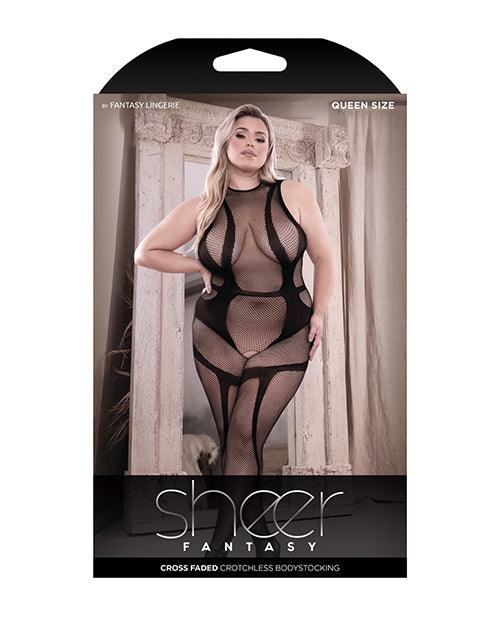 Sheer Cross Faded High Neck Crotchless Bodystocking Black Qn - SEXYEONE