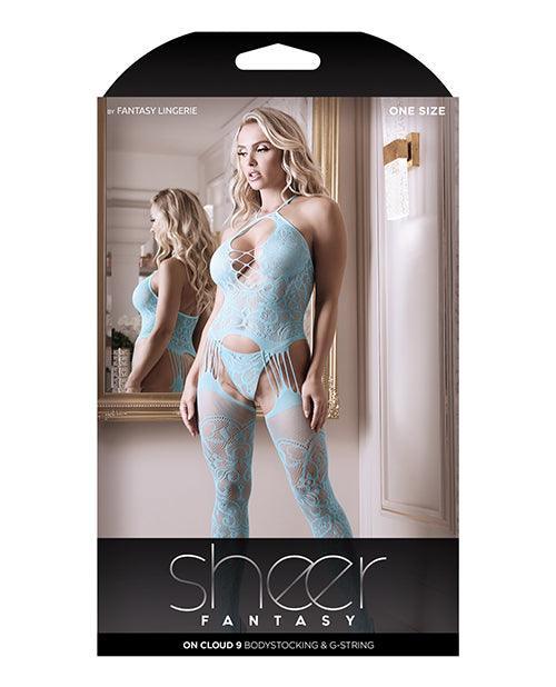 image of product,Sheer Fantasy Halter Neck Floral Lace Gartered Bodystocking & Panty Light Blue O/s - SEXYEONE