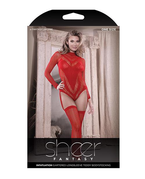 image of product,Sheer Infatuation Long Sleeve Teddy W/attached Footless Stockings Red O/s - SEXYEONE