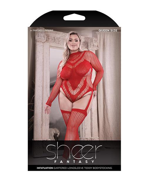 image of product,Sheer Infatuation Long Sleeve Teddy W/attached Footless Stockings Red Qn - SEXYEONE
