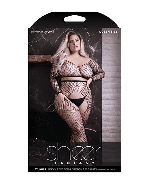 product image,Sheer Stunner Rhinestone Fishnet Long Sleeve Top & Crotchless Tights Black - SEXYEONE
