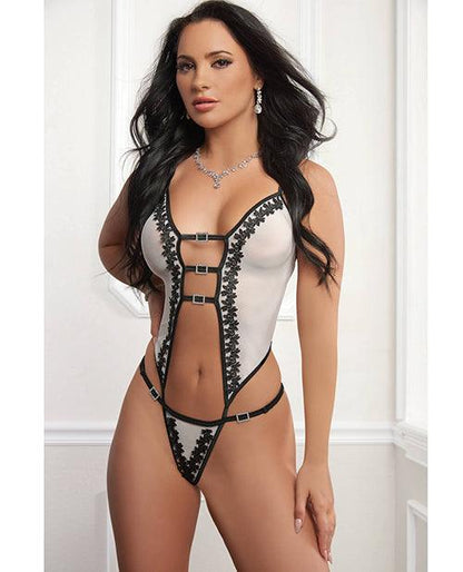 Sheer Teddy with Embroidery & Rhinestone Details - White/Black O/S - SEXYEONE