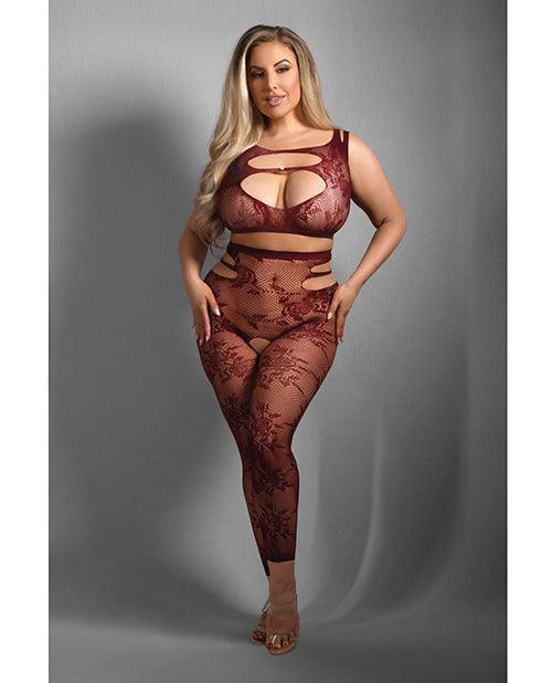 product image, Sheer Undivided Attention Cut-out Lace Top w/ Crotchless Tights - Burgundy QN - SEXYEONE