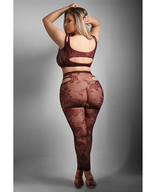 image of product,Sheer Undivided Attention Cut-out Lace Top w/ Crotchless Tights - Burgundy QN - SEXYEONE