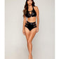 Stretch Faux Leather and Eyelash Lace Bralette w/High-Waisted Panty - Black - SEXYEONE