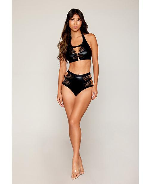 image of product,Stretch Faux Leather and Eyelash Lace Bralette w/High-Waisted Panty - Black - SEXYEONE