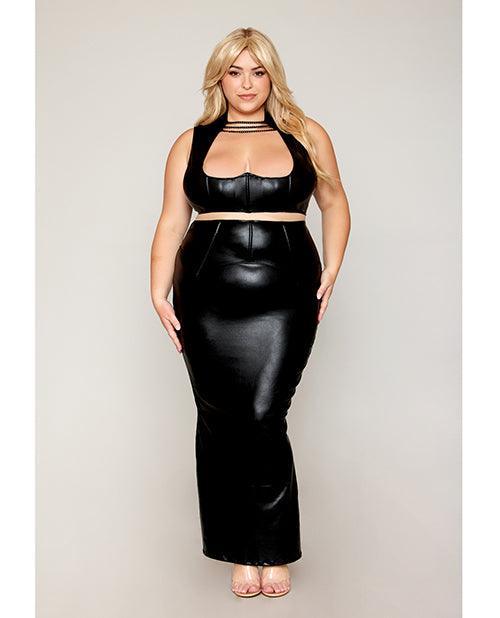 product image, Stretch Faux Leather Harness Bra & Long Slip Skirt - Black 1X - SEXYEONE