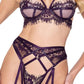 Sugar Plum Scalloped Eyelash Lace & Faux Leather Trim Bra, Garter Belt & Thong Purple - SEXYEONE