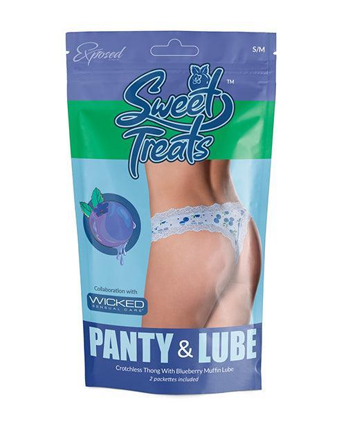 product image,Sweet Treats Crotchless Thong w/Wicked Sensual Care Blueberry Lube - Blue - SEXYEONE