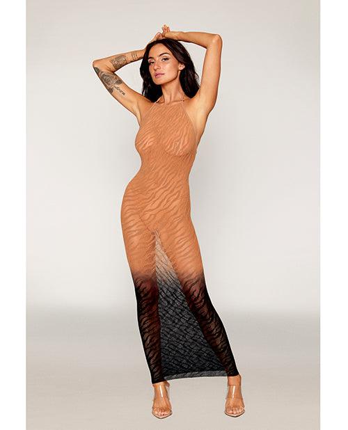 product image,Two-Tone Ombre Seamless Zebra Knit Bodystocking Gown - Copper/Black O/S - SEXYEONE