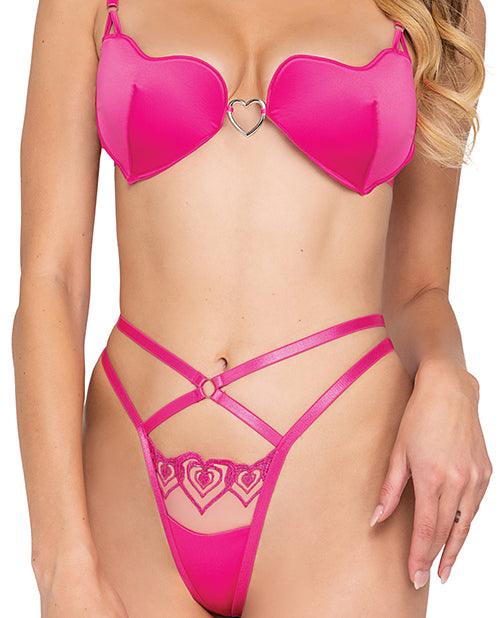 image of product,Valentine Bubblegum Heart Satin Bra & Metallic Lace Embroidered Thong Pink - SEXYEONE