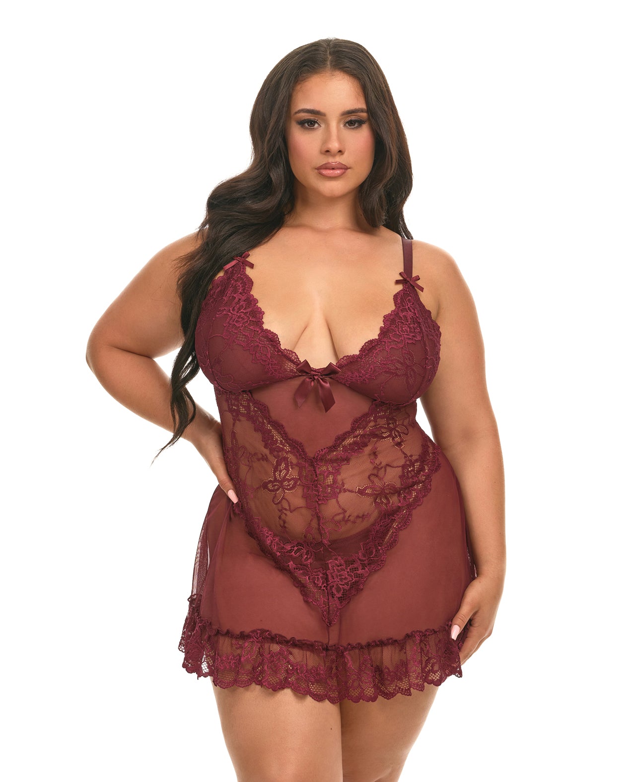 product image, Valentine Lacey Babydoll w/G-String - Zinfandel - SEXYEONE