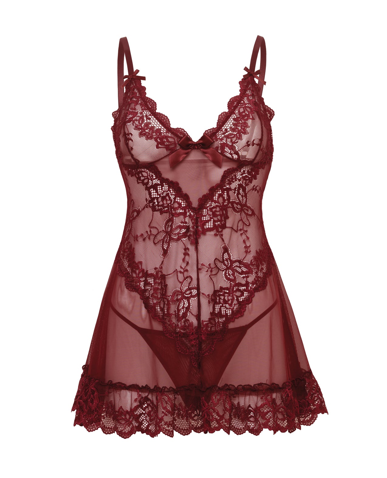 image of product,Valentine Lacey Babydoll w/G-String - Zinfandel - SEXYEONE