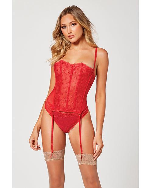 image of product,Valentines Heart Embroidered Mesh Bustier & Panty Red - SEXYEONE