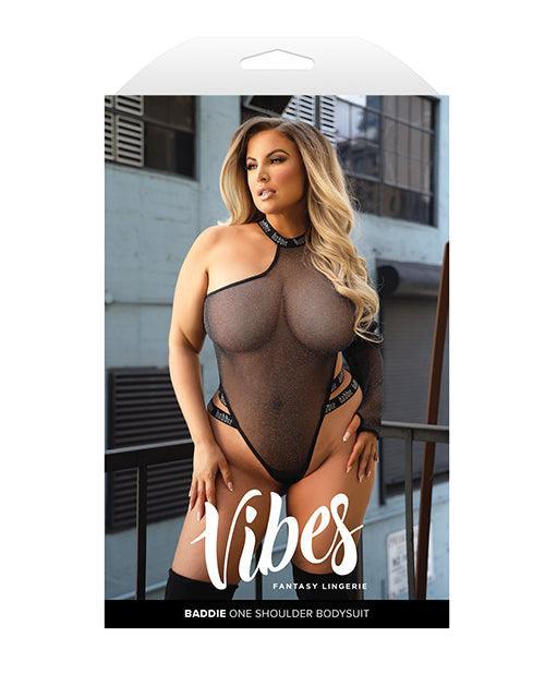 Vibes Baddie Glitter Mesh Bodysuit w/One Shoulder Long Sleeve & Snap Closure - Black QN - SEXYEONE