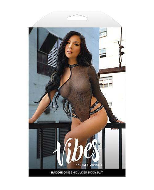 image of product,Vibes Baddie Glitter Mesh Bodysuit w/One Shoulder Long Sleeve & Snap Closure - Black - SEXYEONE